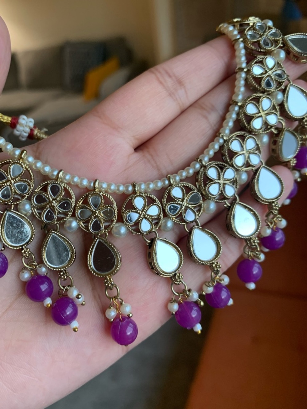 Gold-Tone Mirror Necklace with Purple Beads